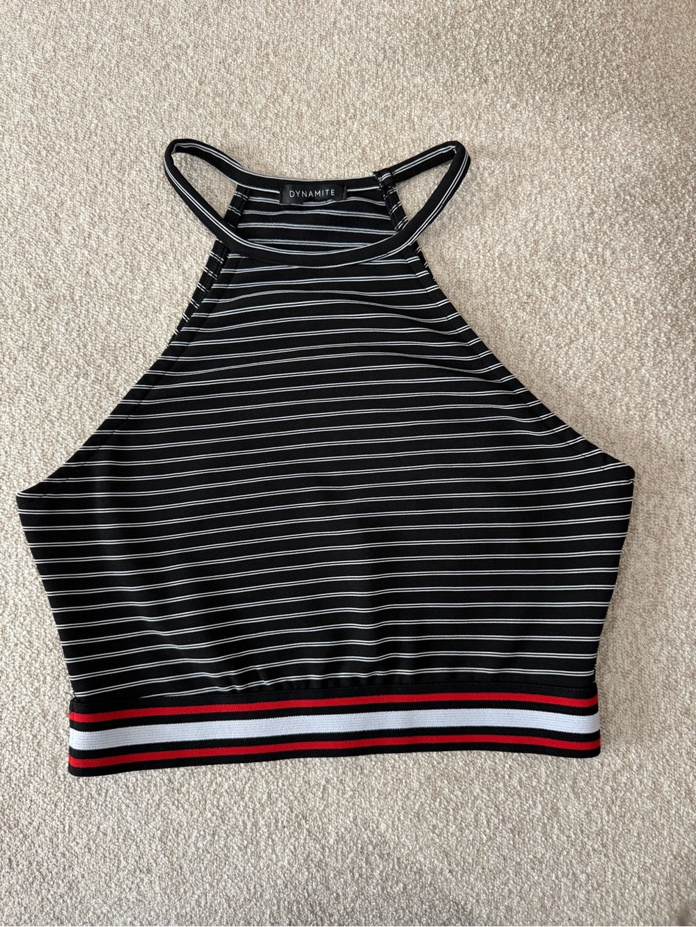Dynamite Black & White Striped High Neck Crop Top with Red Accent